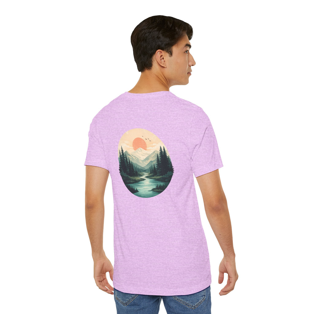 Nature Sunset Mountain Back Design T-Shirt — Scenic River & Pine Forest Graphic Tee