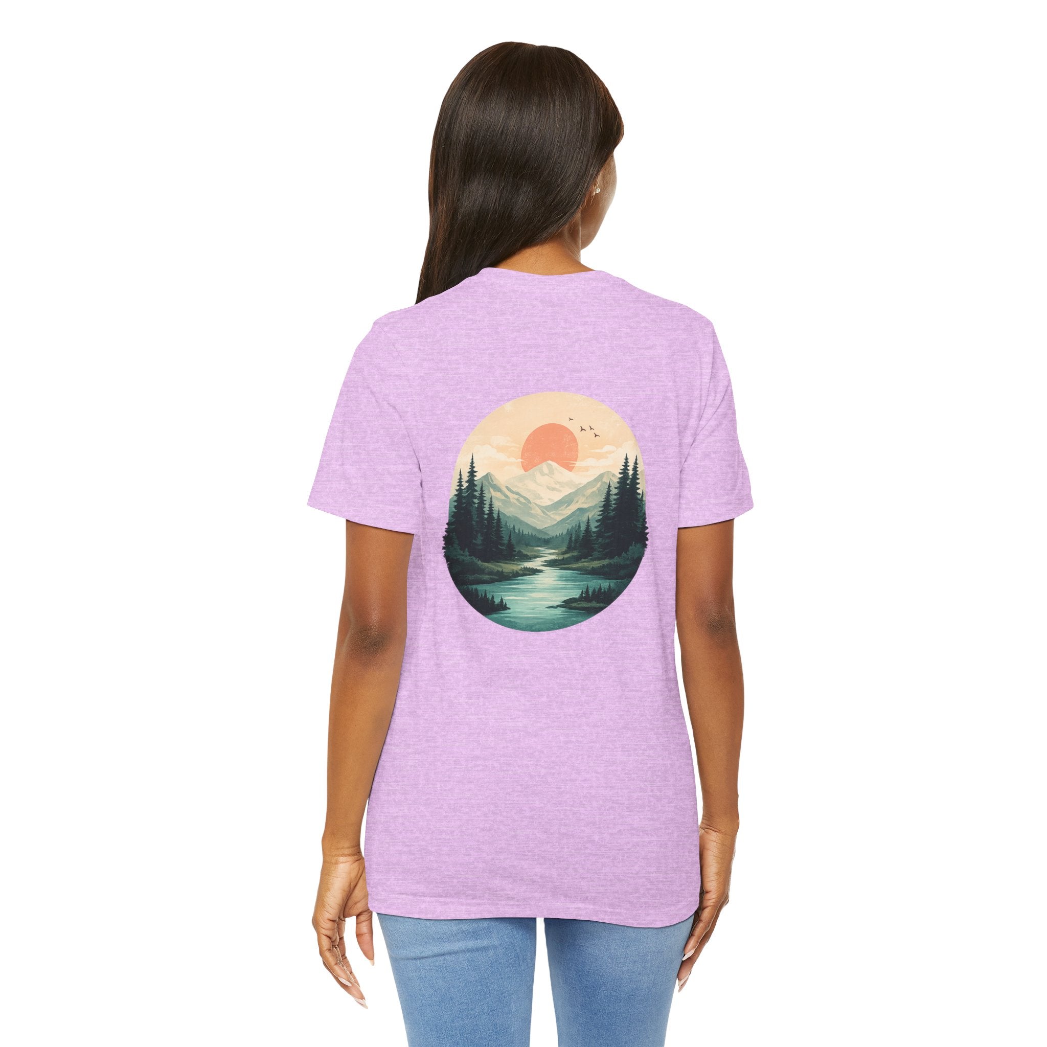 Nature Sunset Mountain Back Design T-Shirt — Scenic River & Pine Forest Graphic Tee