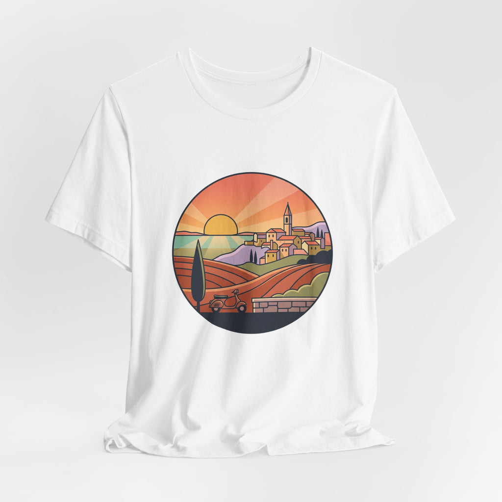 Sunset Tuscan Landscape T-Shirt — Vintage Italian Countryside Graphic Tee