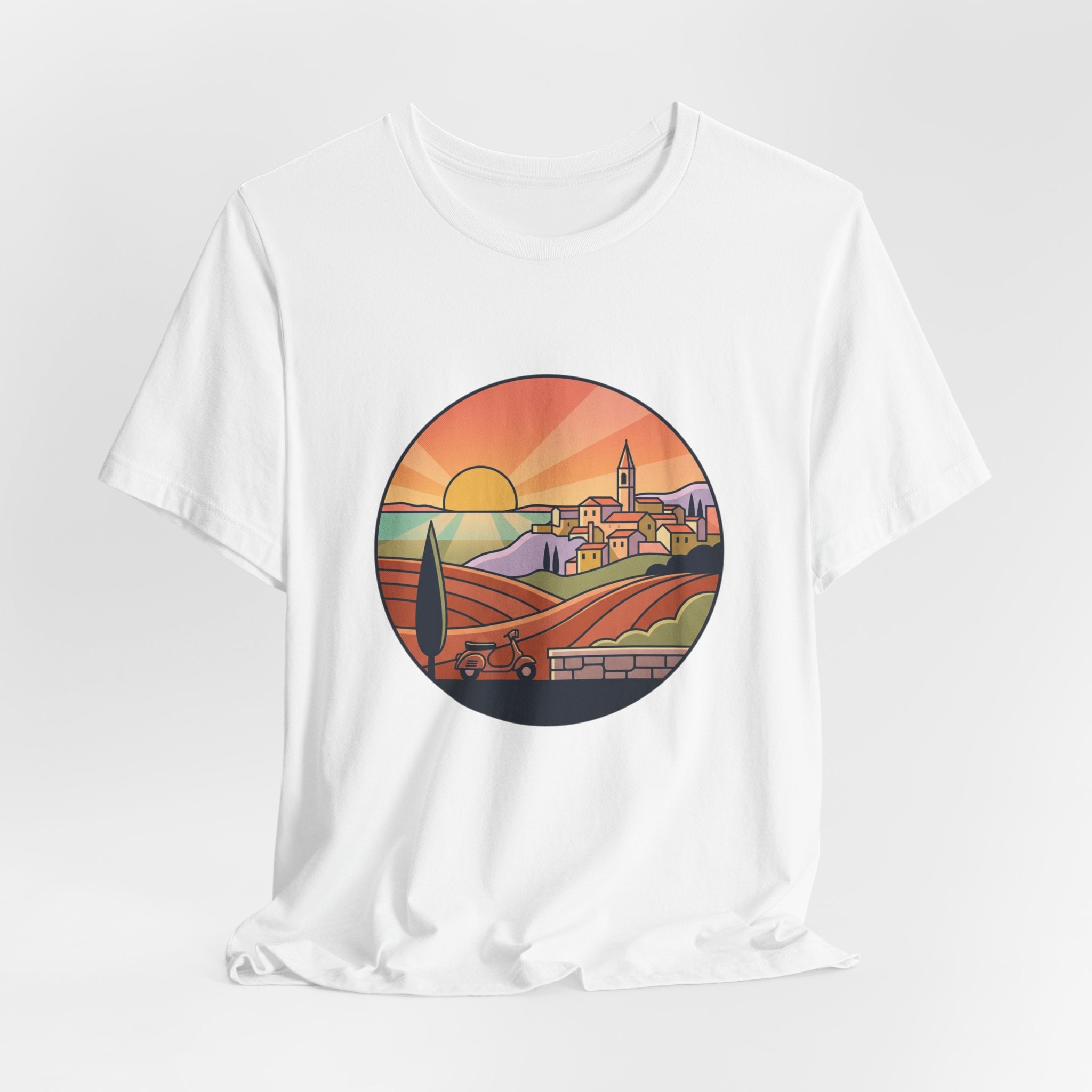 Sunset Tuscan Landscape T-Shirt — Vintage Italian Countryside Graphic Tee
