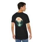 Nature Sunset Mountain Back Design T-Shirt — Scenic River & Pine Forest Graphic Tee