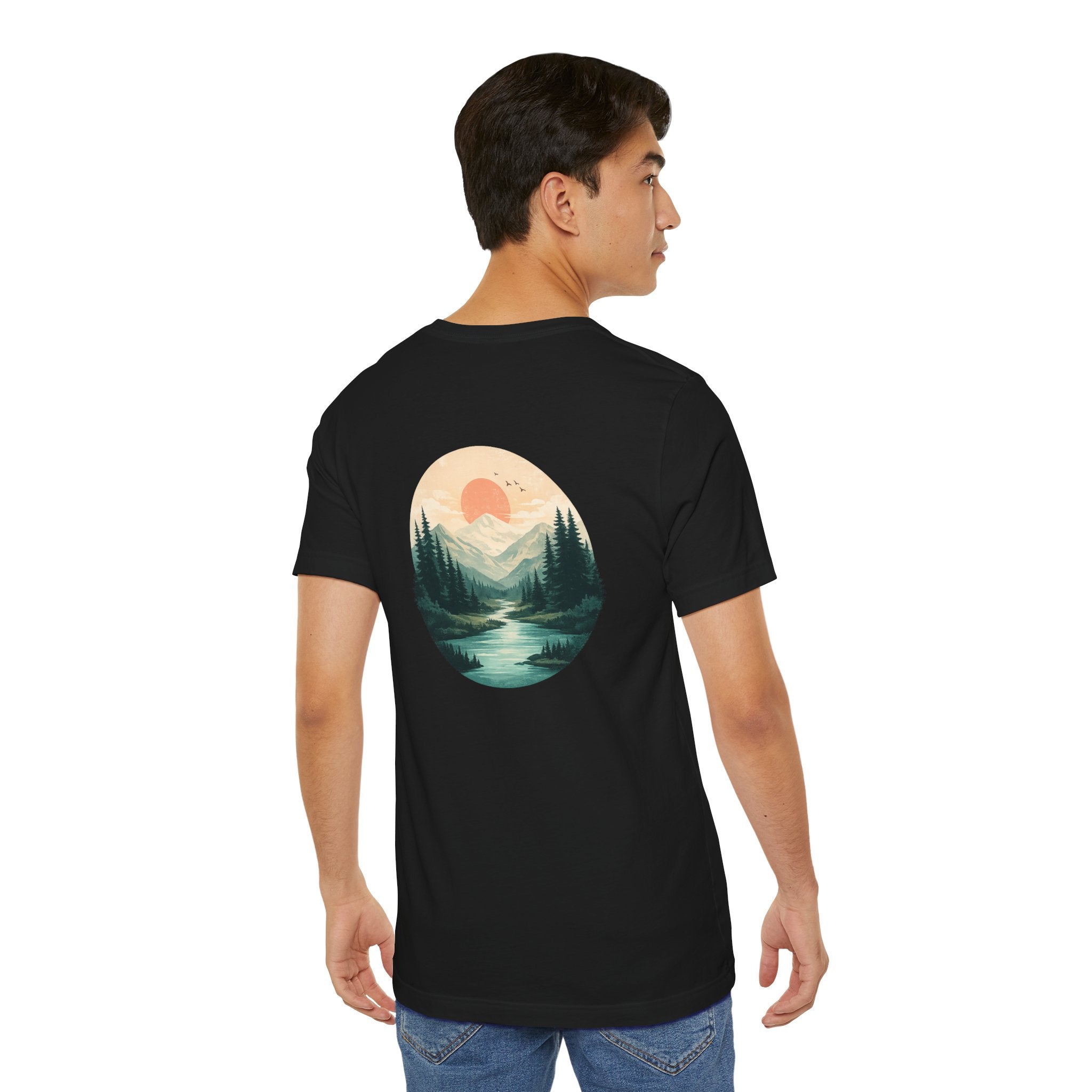 Nature Sunset Mountain Back Design T-Shirt — Scenic River & Pine Forest Graphic Tee