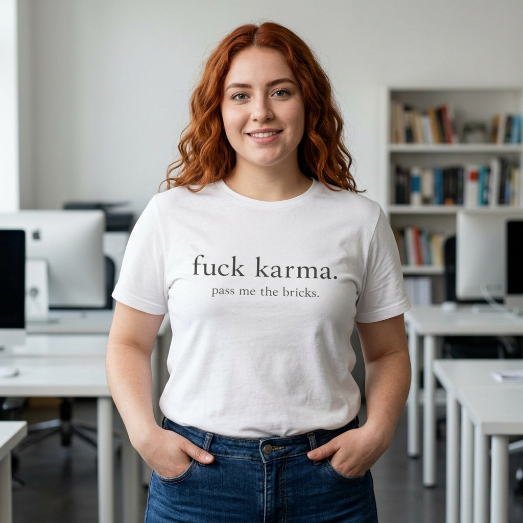 Graphic Tee — “fuck karma. pass me the bricks.” Minimalist Statement T-Shirt