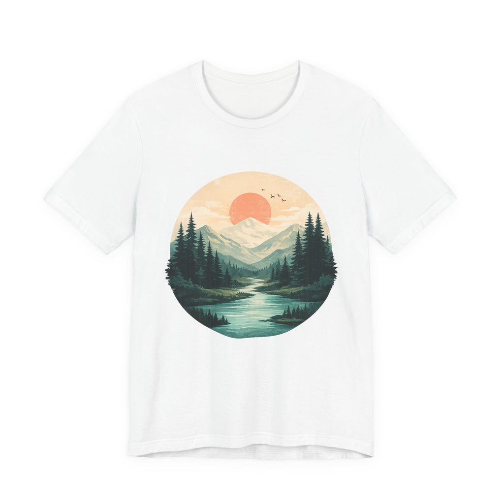 Sunset Mountain Landscape T-Shirt — Scenic Forest River Graphic Tee
