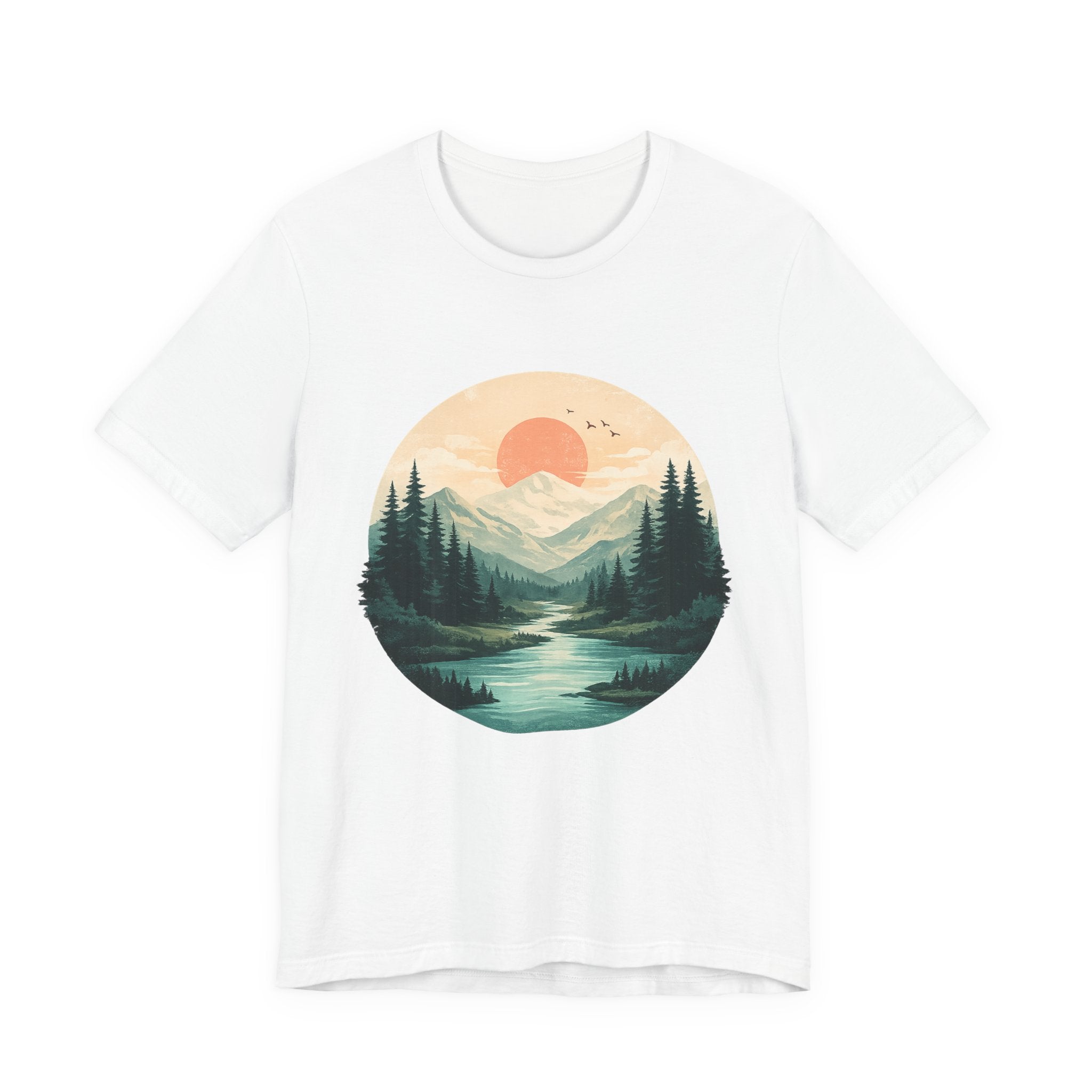 Sunset Mountain Landscape T-Shirt — Scenic Forest River Graphic Tee