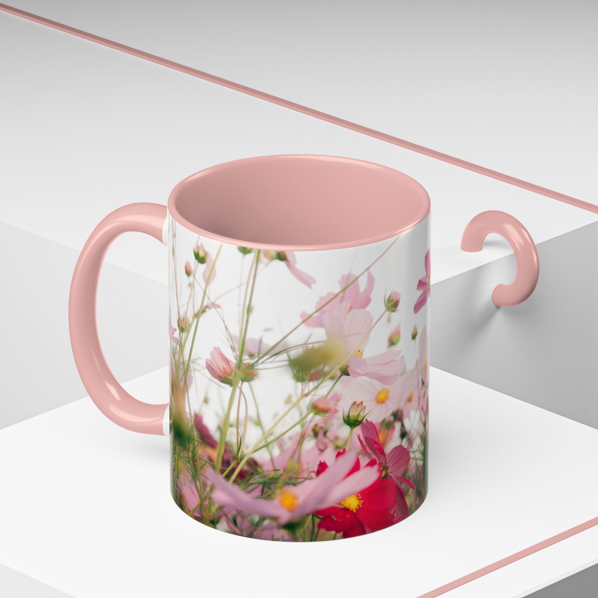 Floral Cosmos Accent Coffee Mug — Pink Wildflower Tea & Coffee Cup (11/15oz)