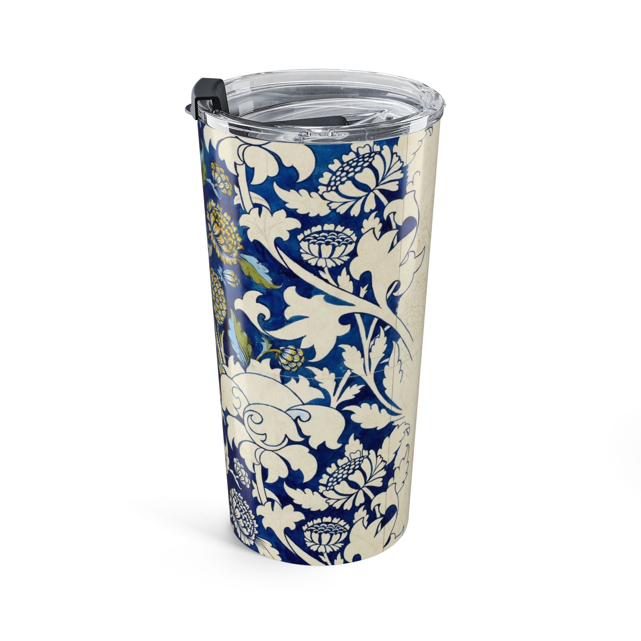 20oz Floral Blue Vintage Tumbler — Insulated Travel Cup with William Morris Style Pattern