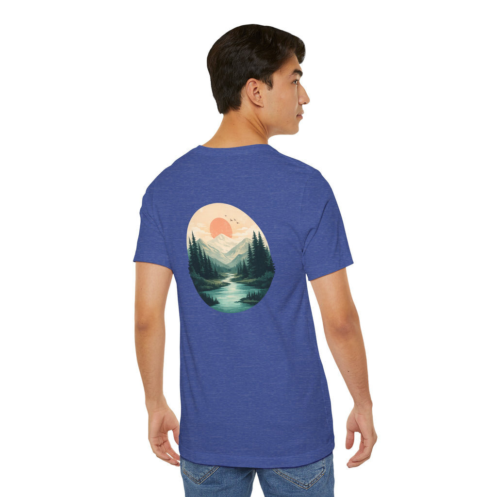 Nature Sunset Mountain Back Design T-Shirt — Scenic River & Pine Forest Graphic Tee