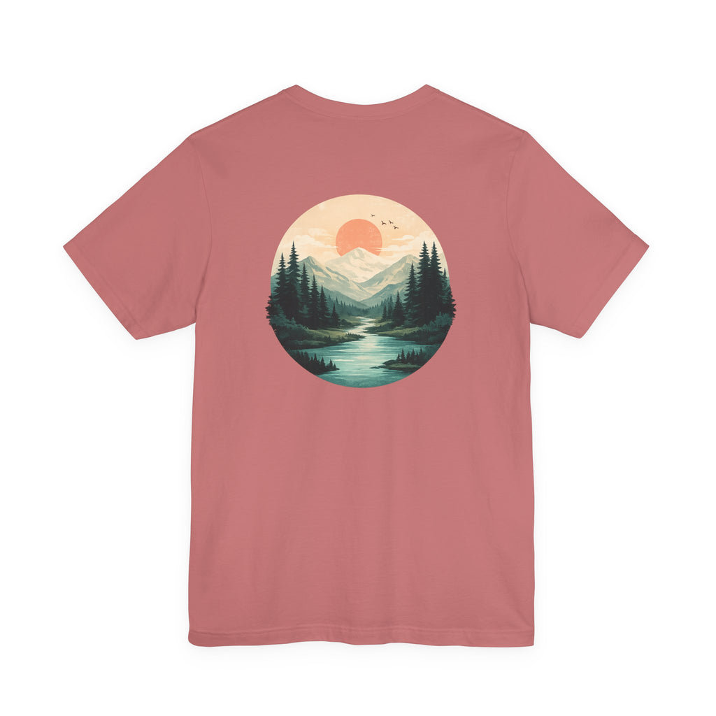 Nature Sunset Mountain Back Design T-Shirt — Scenic River & Pine Forest Graphic Tee