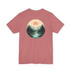 Nature Sunset Mountain Back Design T-Shirt — Scenic River & Pine Forest Graphic Tee