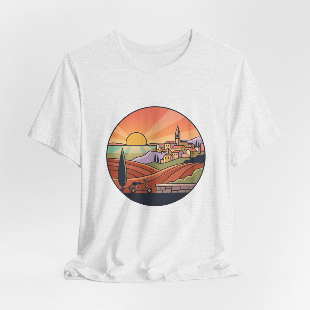 Sunset Tuscan Landscape T-Shirt — Vintage Italian Countryside Graphic Tee