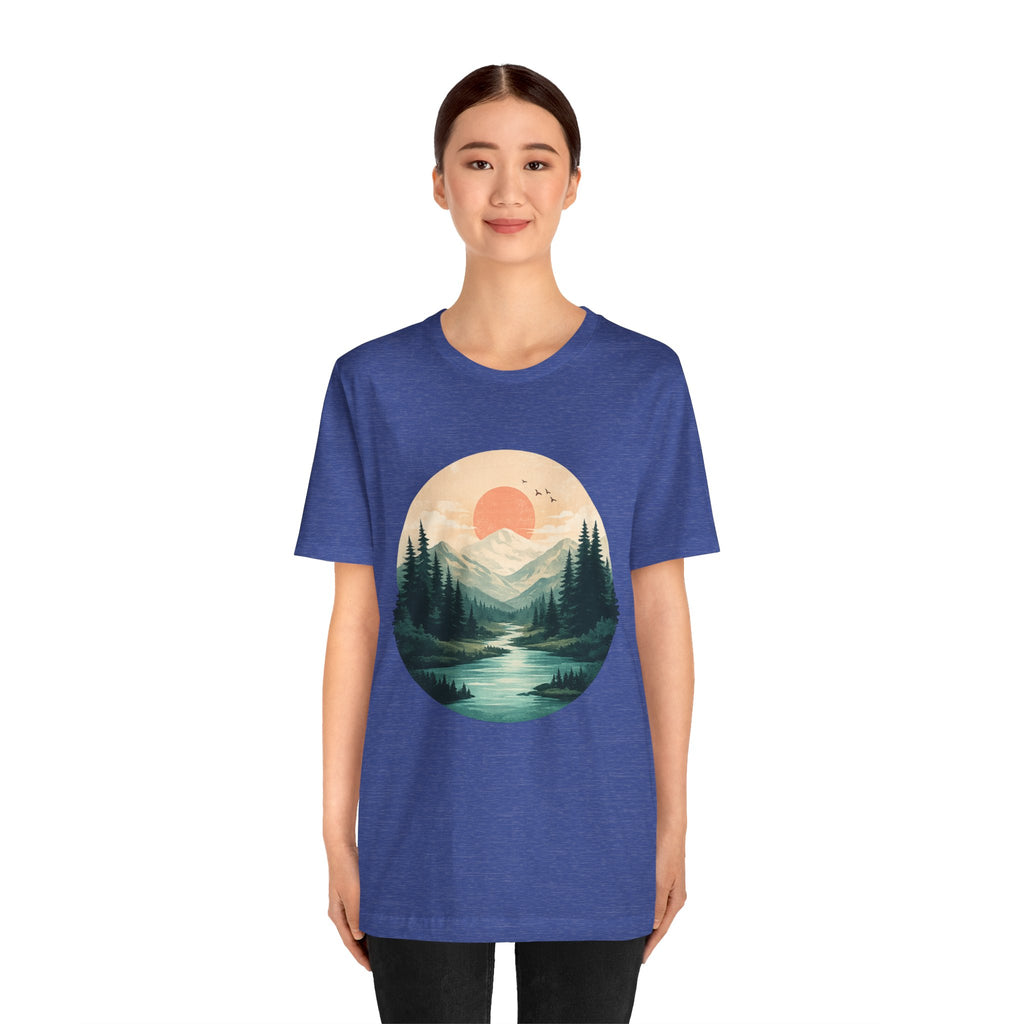 Sunset Mountain Landscape T-Shirt — Scenic Forest River Graphic Tee