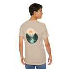 Nature Sunset Mountain Back Design T-Shirt — Scenic River & Pine Forest Graphic Tee