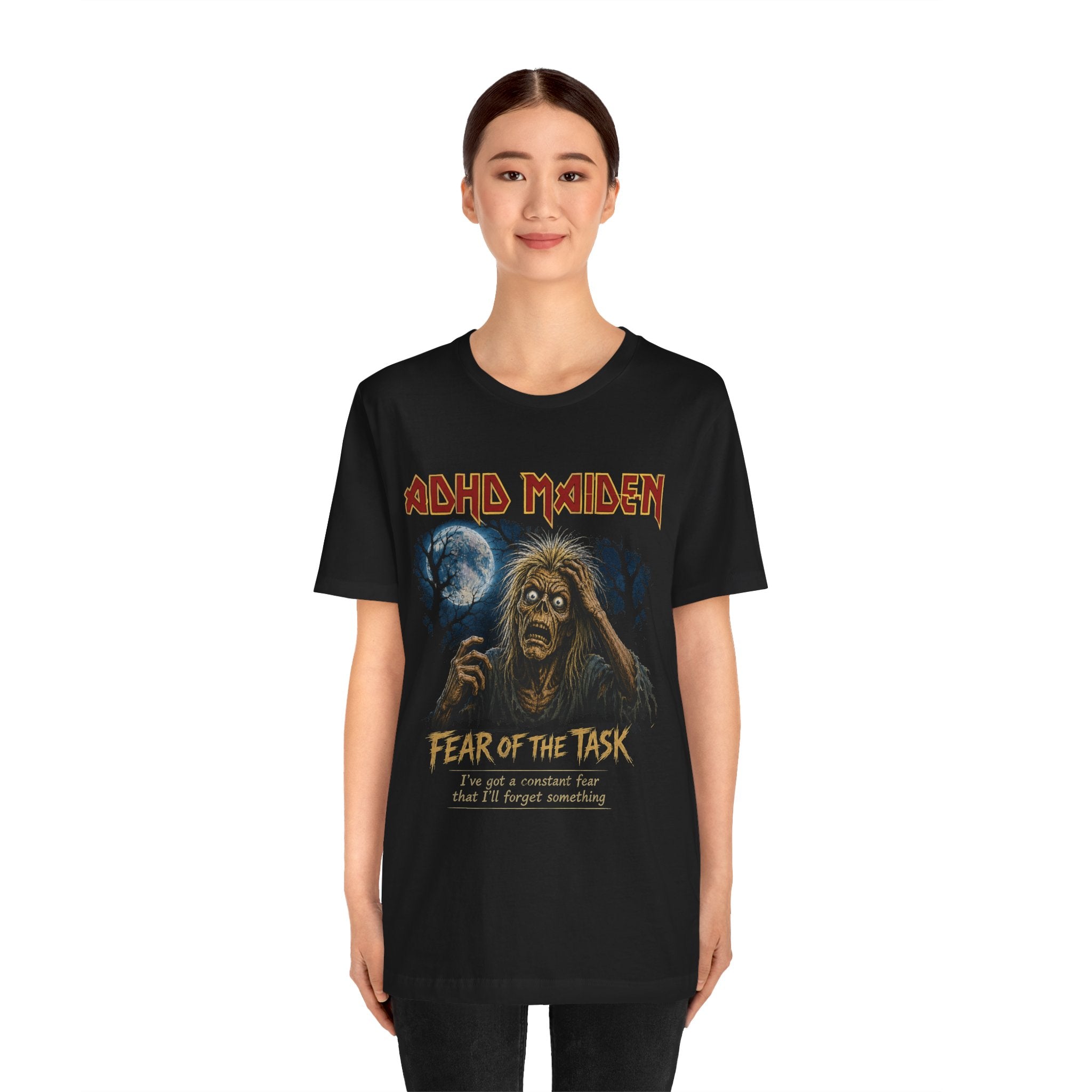 ADHD Maiden "Fear of the Task" Graphic Tee — Funny ADHD Iron Maiden Parody T-Shirt