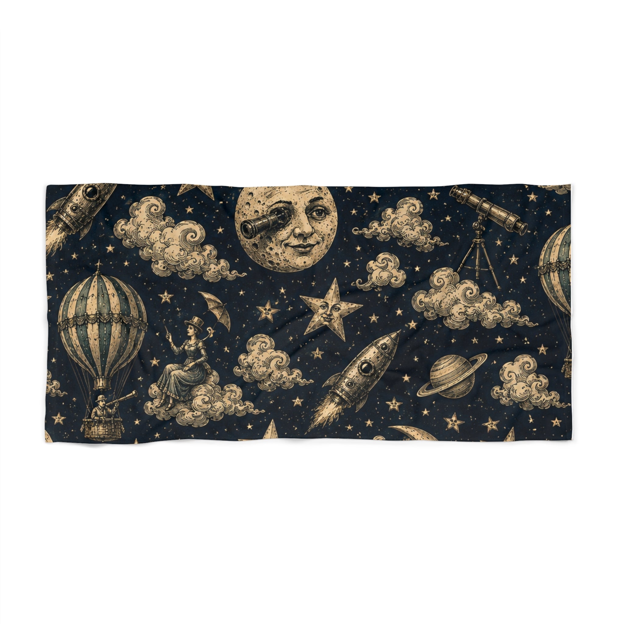 Charles Mèliés Vibe  Vintage Beach Towel — Moon, Stars & Hot Air Balloon Night Sky Design