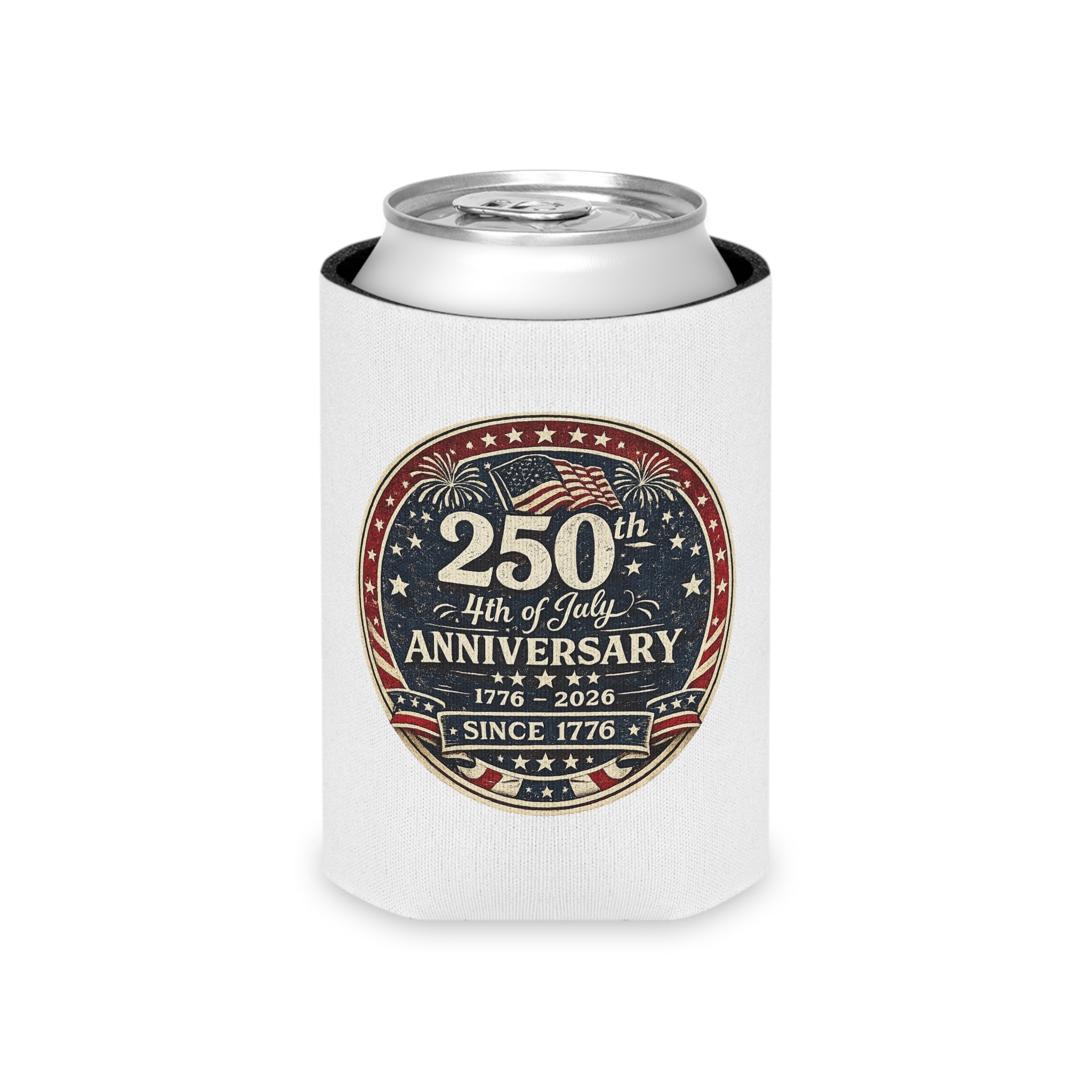 4th of July 250th Anniversary Can Cooler – 1776–2026 Patriotic Beer Koozie
