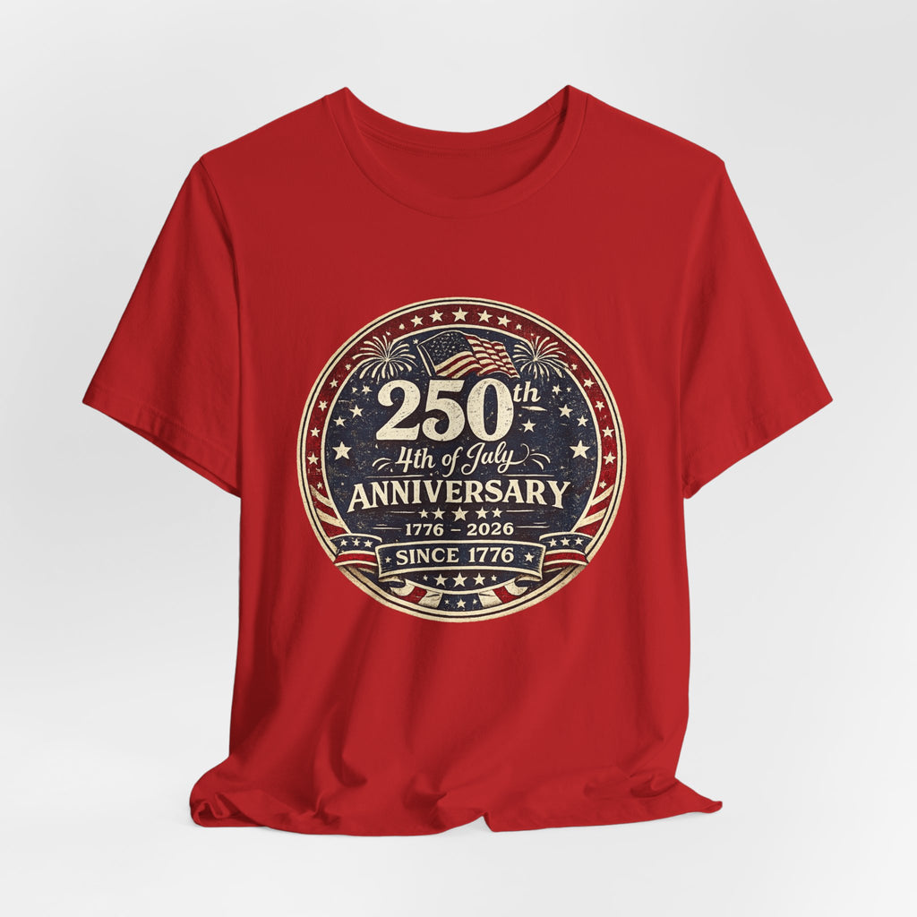 4th of July 250th Anniversary T-Shirt – Vintage American Flag Emblem (1776–2026)