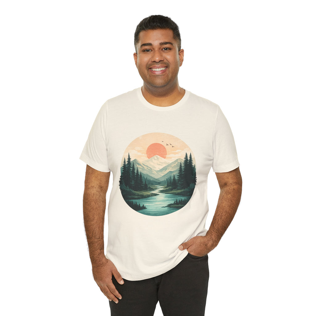 Sunset Mountain Landscape T-Shirt — Scenic Forest River Graphic Tee