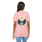 Nature Sunset Mountain Back Design T-Shirt — Scenic River & Pine Forest Graphic Tee