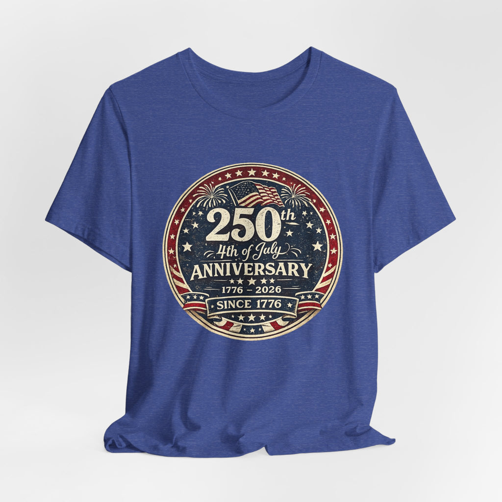 4th of July 250th Anniversary T-Shirt – Vintage American Flag Emblem (1776–2026)