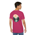 Nature Sunset Mountain Back Design T-Shirt — Scenic River & Pine Forest Graphic Tee