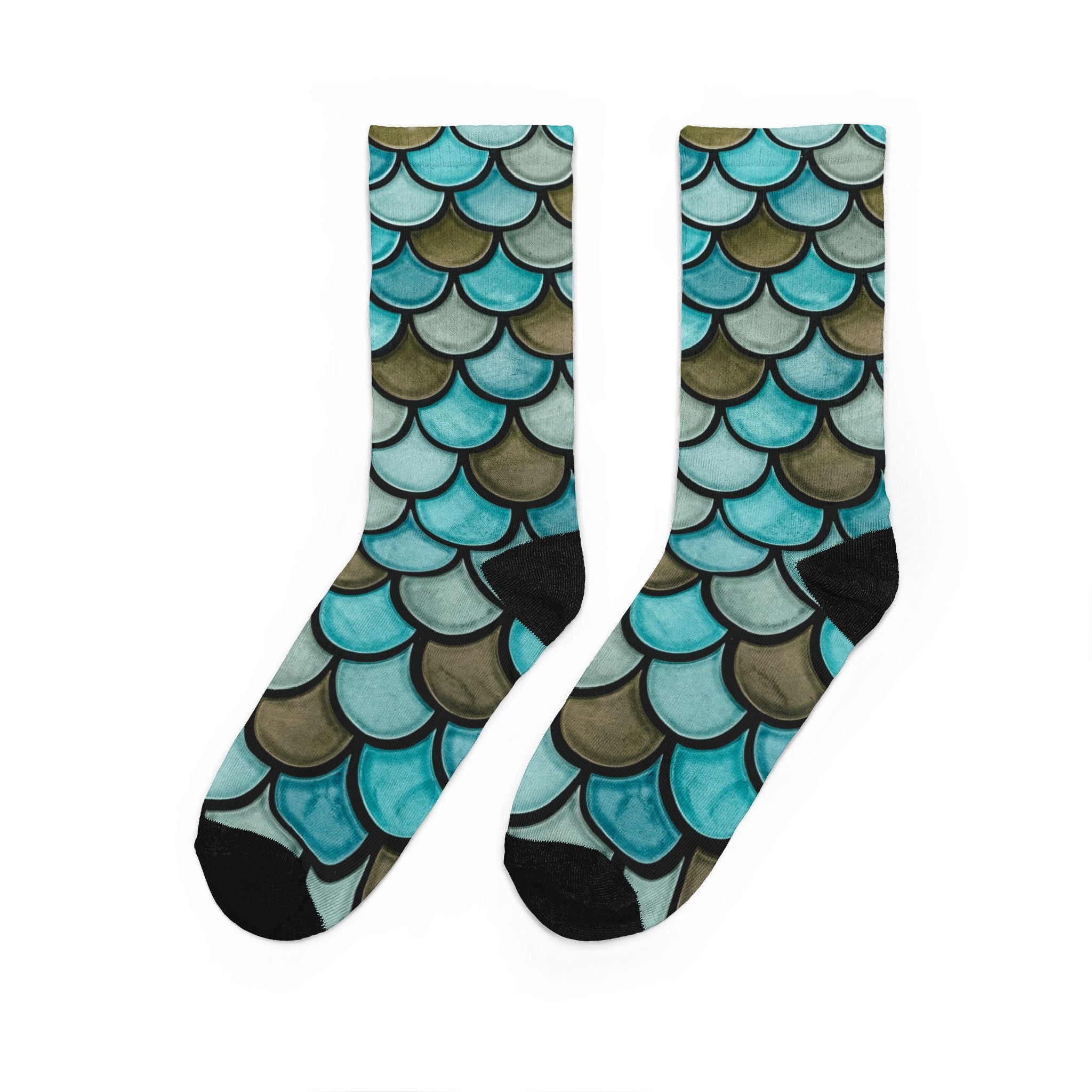 Mermaid Scale Crew Socks – Teal Aqua Watercolor Pattern Padded Socks