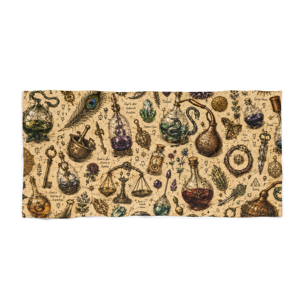 The Alchemist's Cabinet Beach Towel — Potion Bottles & Herb Illustration