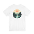 Nature Sunset Mountain Back Design T-Shirt — Scenic River & Pine Forest Graphic Tee