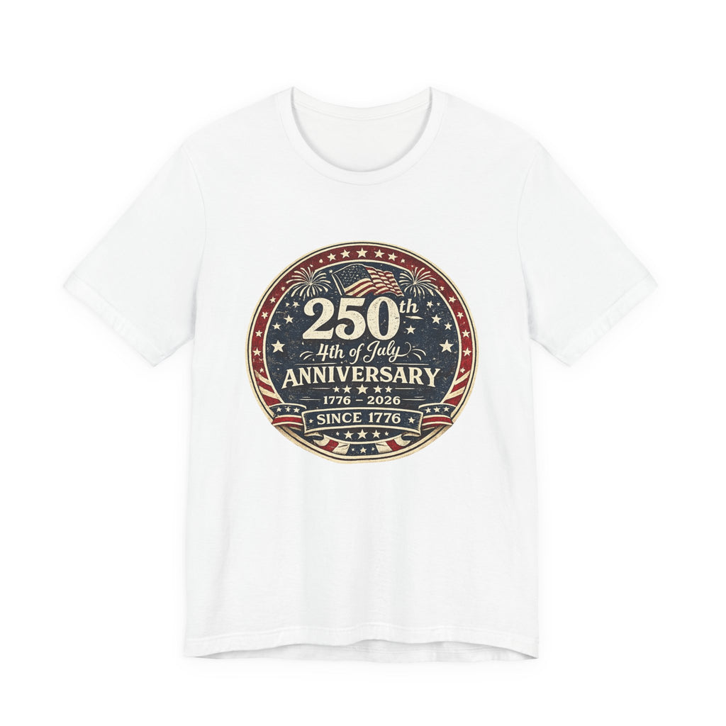 4th of July 250th Anniversary T-Shirt – Vintage American Flag Emblem (1776–2026)