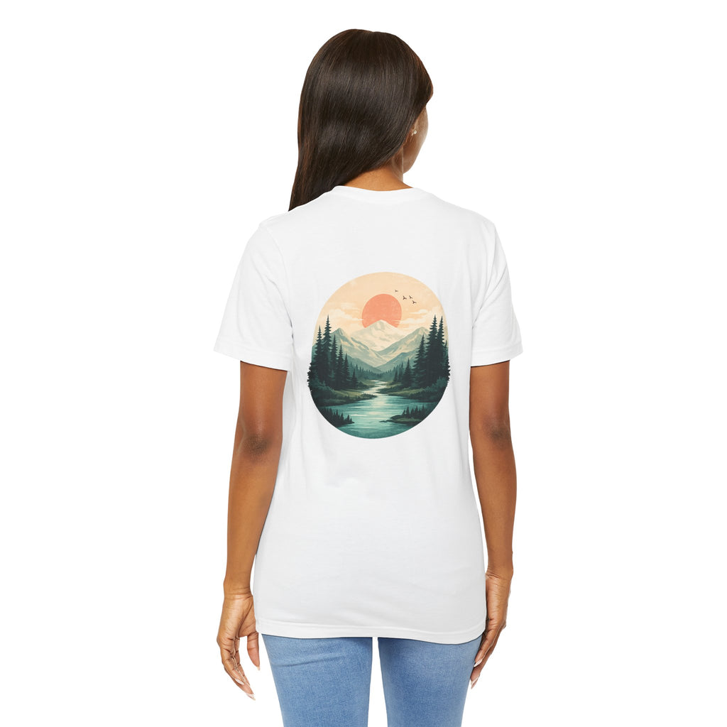 Nature Sunset Mountain Back Design T-Shirt — Scenic River & Pine Forest Graphic Tee