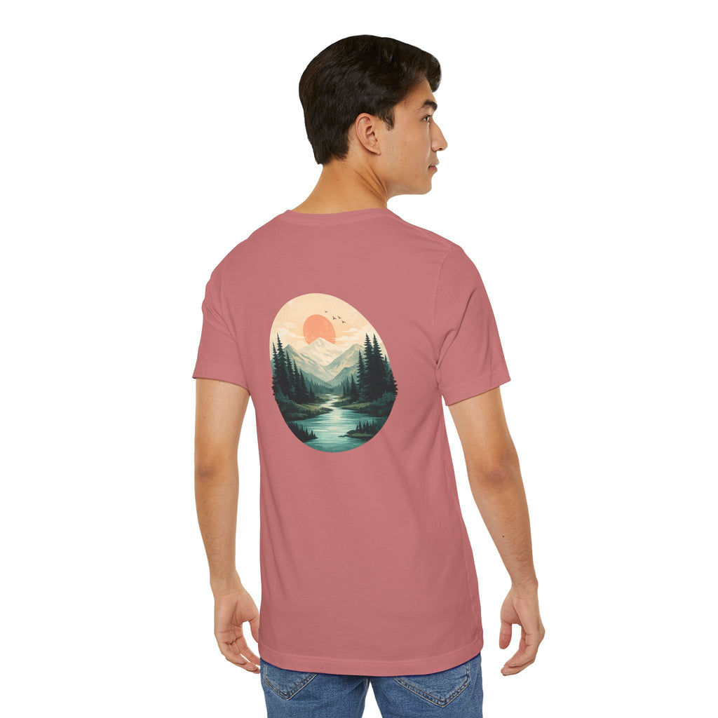 Nature Sunset Mountain Back Design T-Shirt — Scenic River & Pine Forest Graphic Tee