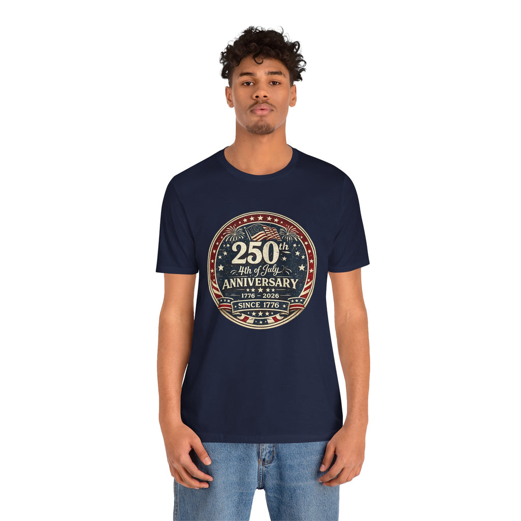 4th of July 250th Anniversary T-Shirt – Vintage American Flag Emblem (1776–2026)