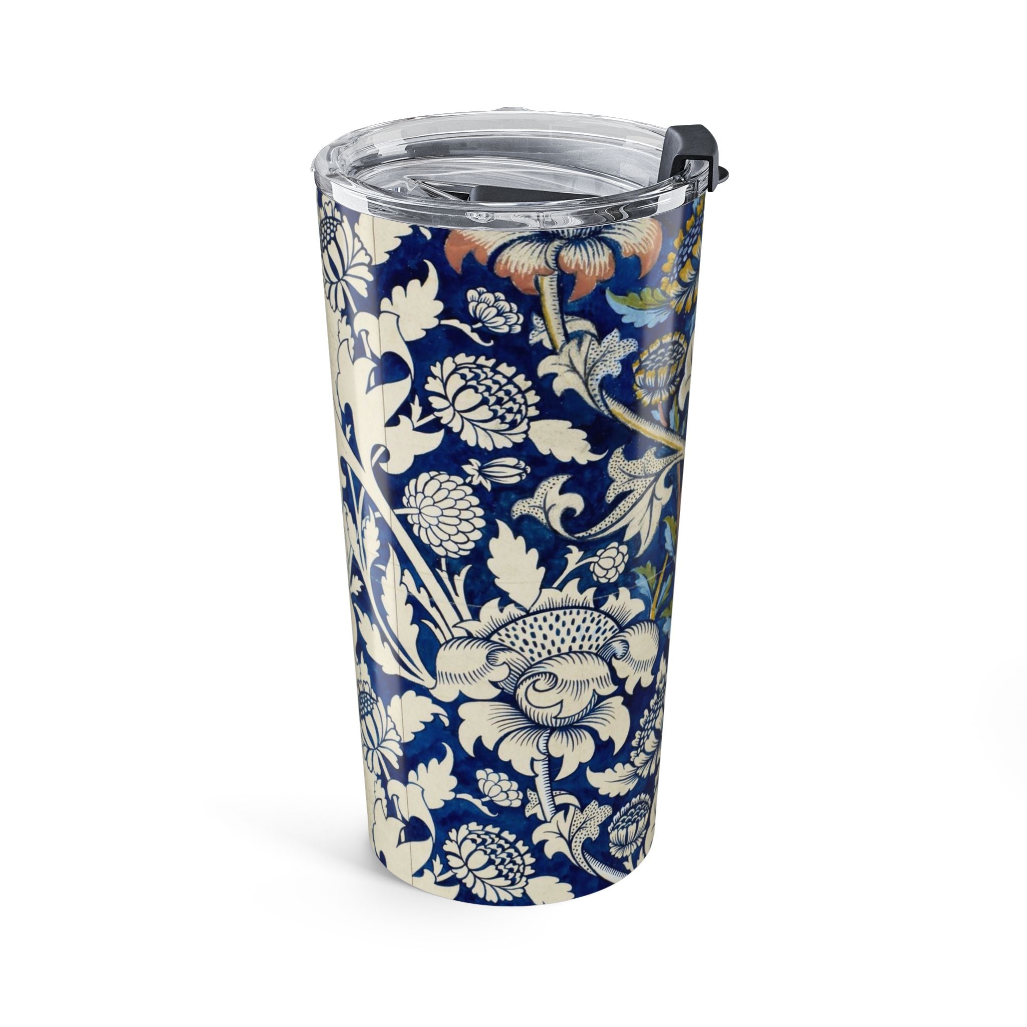 20oz Floral Blue Vintage Tumbler — Insulated Travel Cup with William Morris Style Pattern