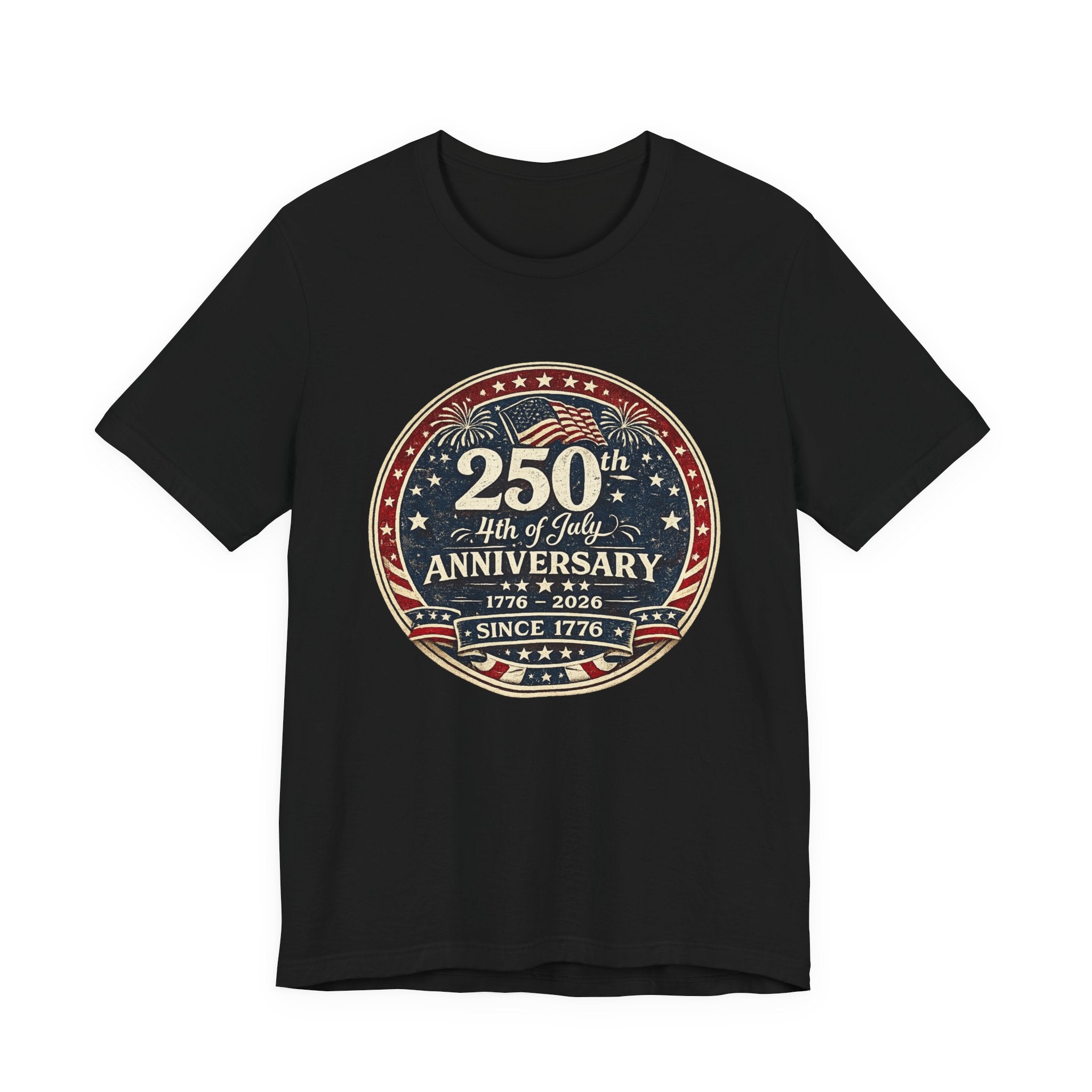 4th of July 250th Anniversary T-Shirt – Vintage American Flag Emblem (1776–2026)