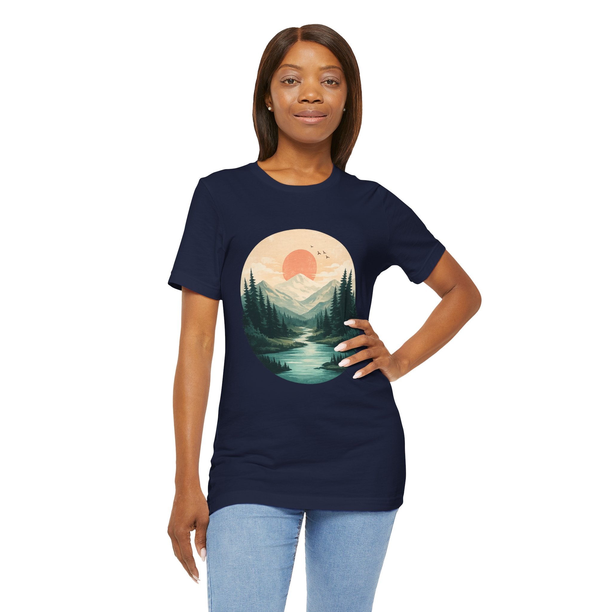 Sunset Mountain Landscape T-Shirt — Scenic Forest River Graphic Tee