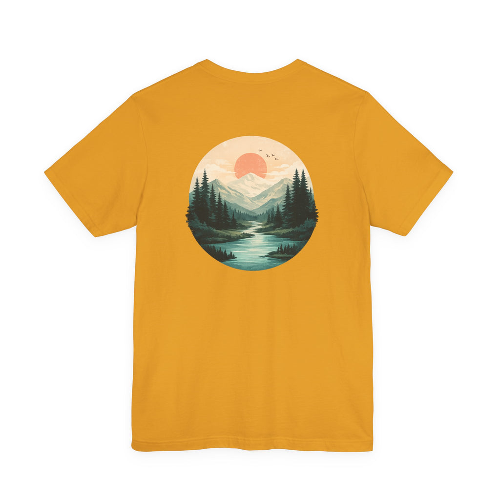 Nature Sunset Mountain Back Design T-Shirt — Scenic River & Pine Forest Graphic Tee