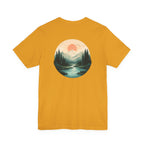 Nature Sunset Mountain Back Design T-Shirt — Scenic River & Pine Forest Graphic Tee