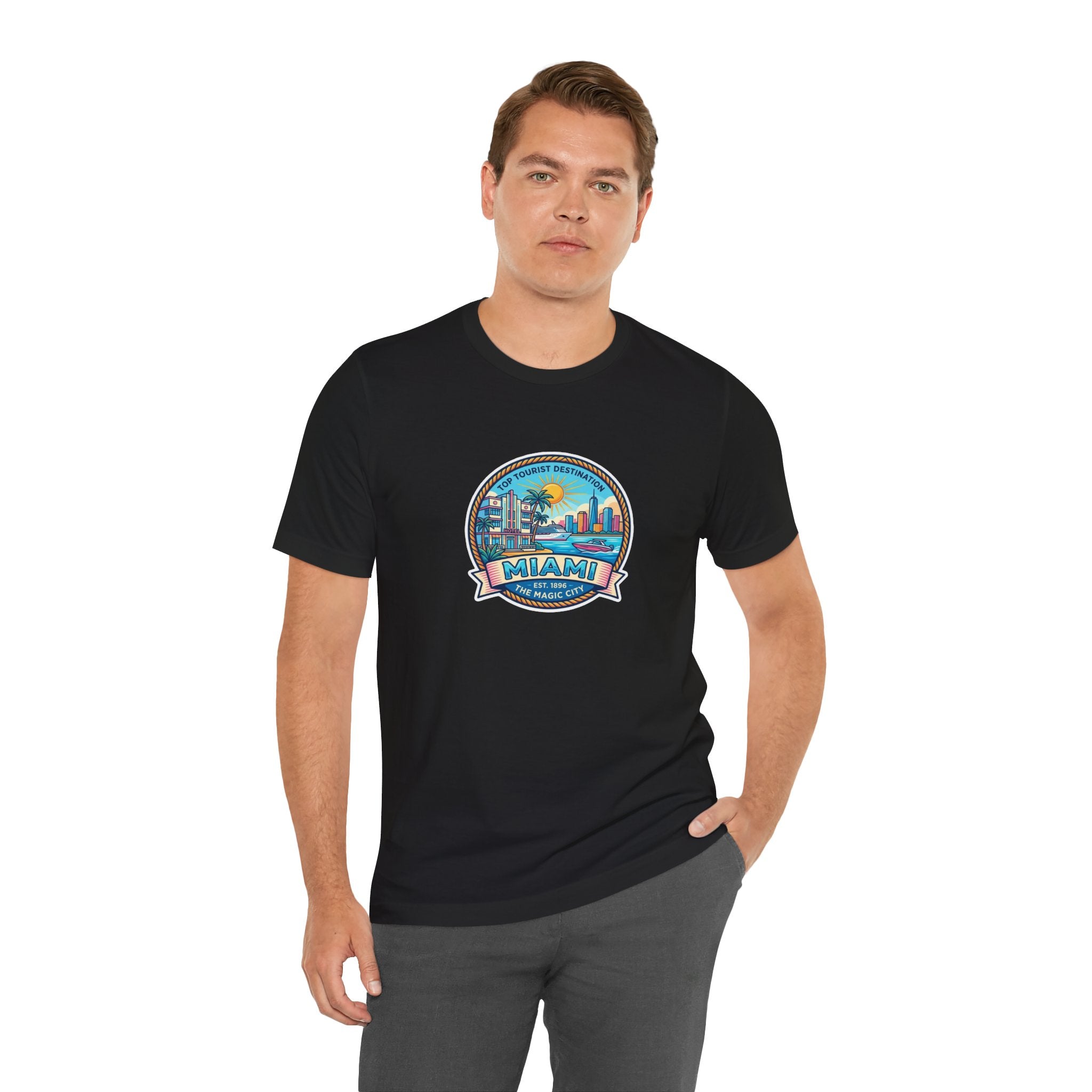 Miami Beach Vintage Logo Tee — Miami Skyline Sunset T‑Shirt