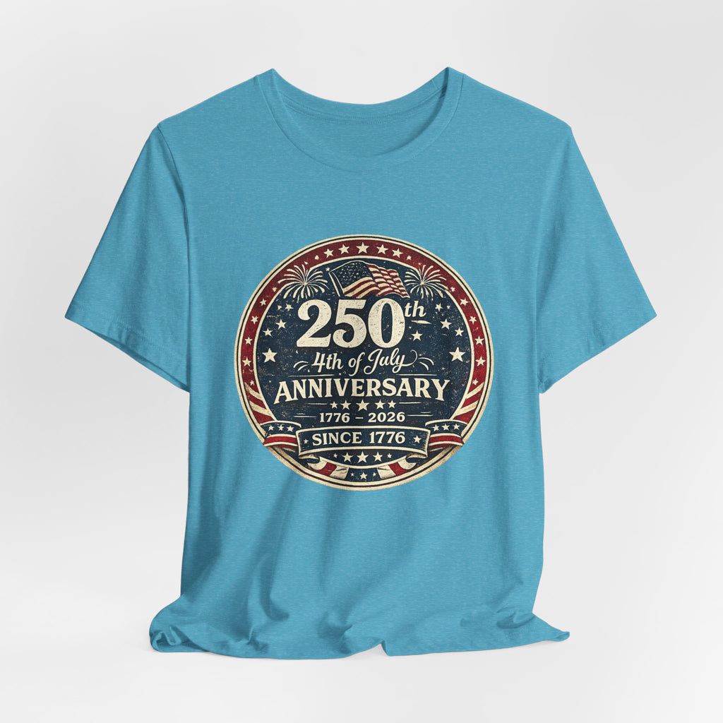 4th of July 250th Anniversary T-Shirt – Vintage American Flag Emblem (1776–2026)