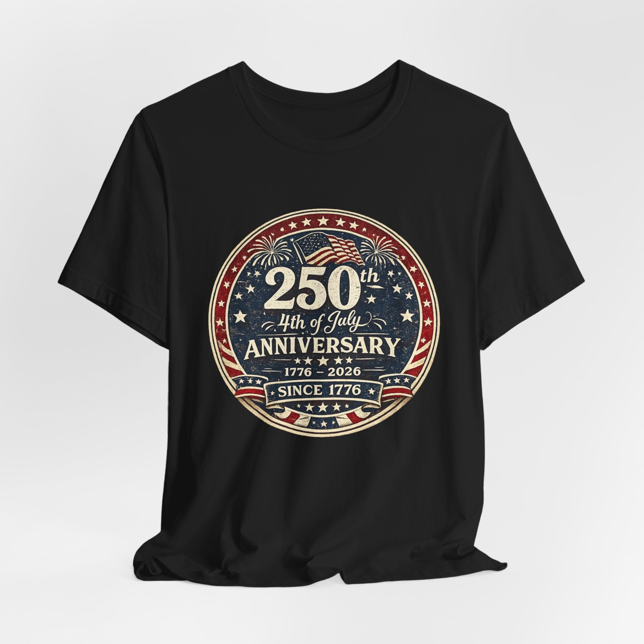 4th of July 250th Anniversary T-Shirt – Vintage American Flag Emblem (1776–2026)