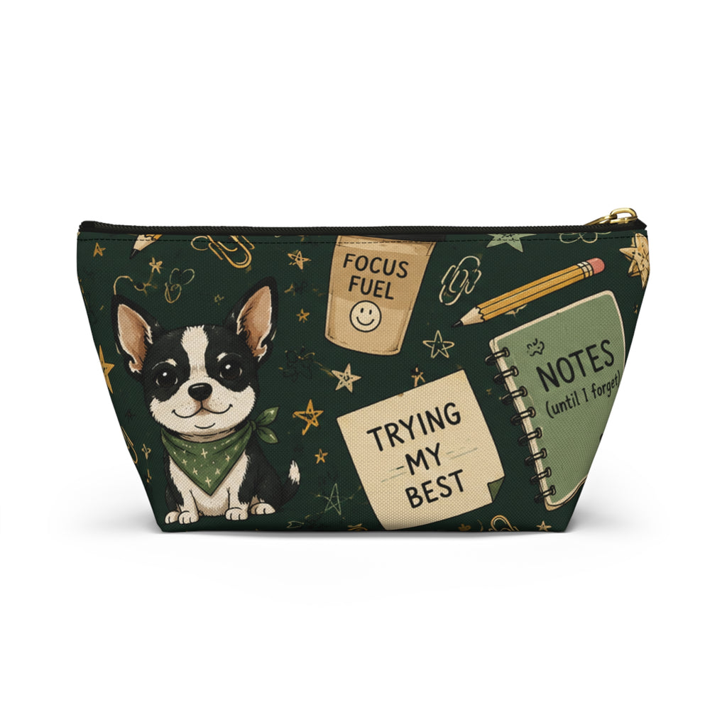 Dog Lover Notes Accessory Pouch — 'Trying My Best' T‑Bottom Makeup Bag