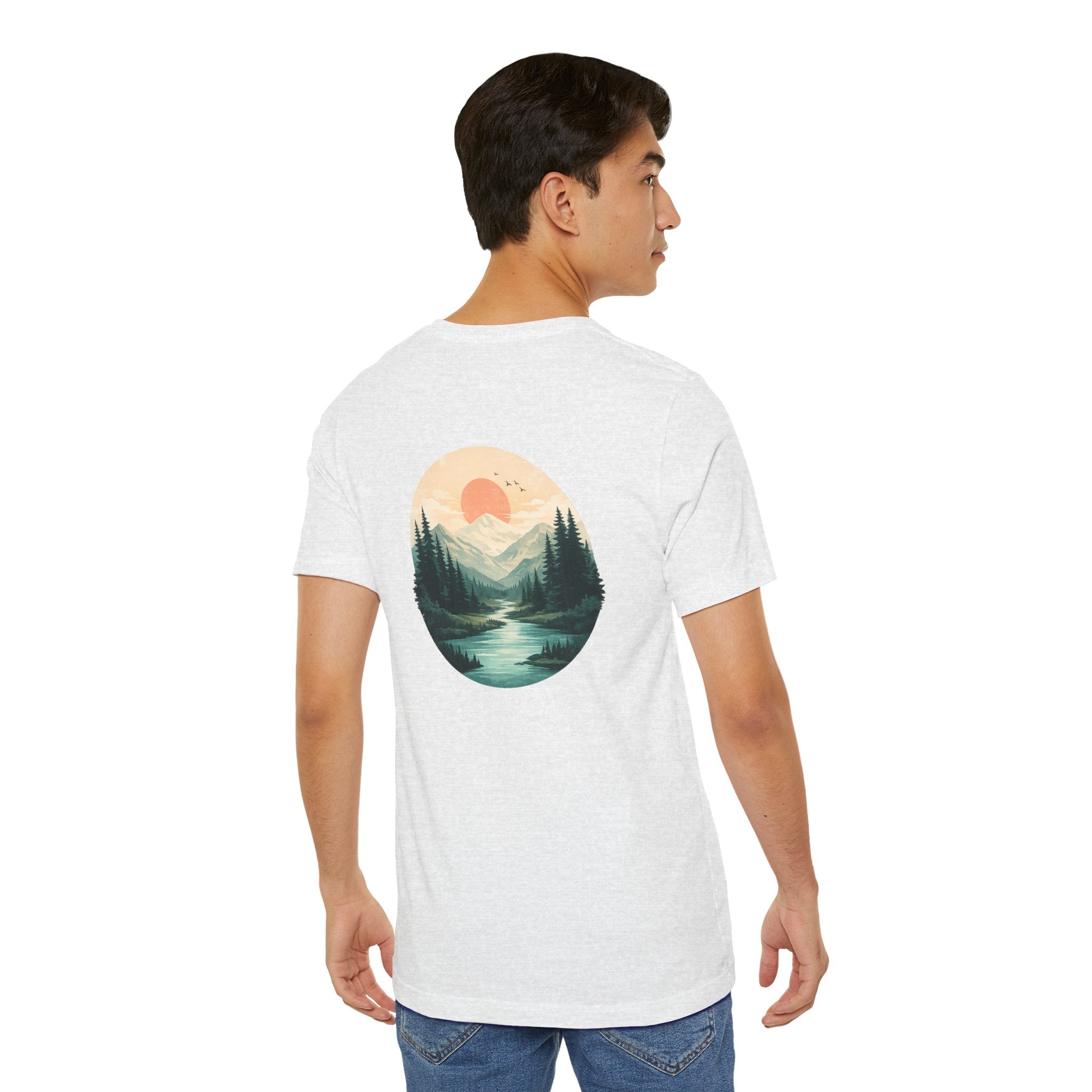 Nature Sunset Mountain Back Design T-Shirt — Scenic River & Pine Forest Graphic Tee