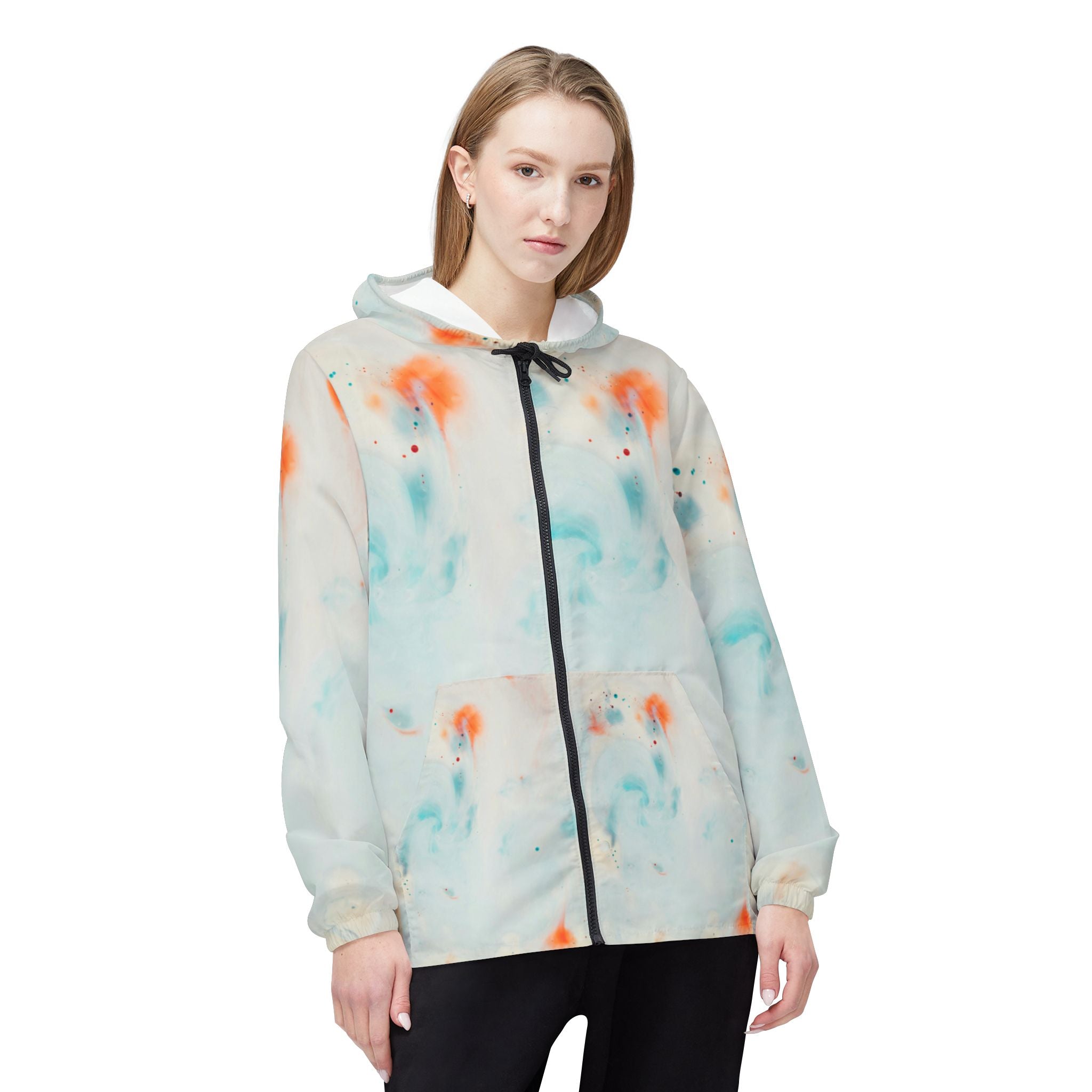 Pastel Tie-Dye Windbreaker Jacket — Lightweight Blue & Orange Printed Hooded Shell