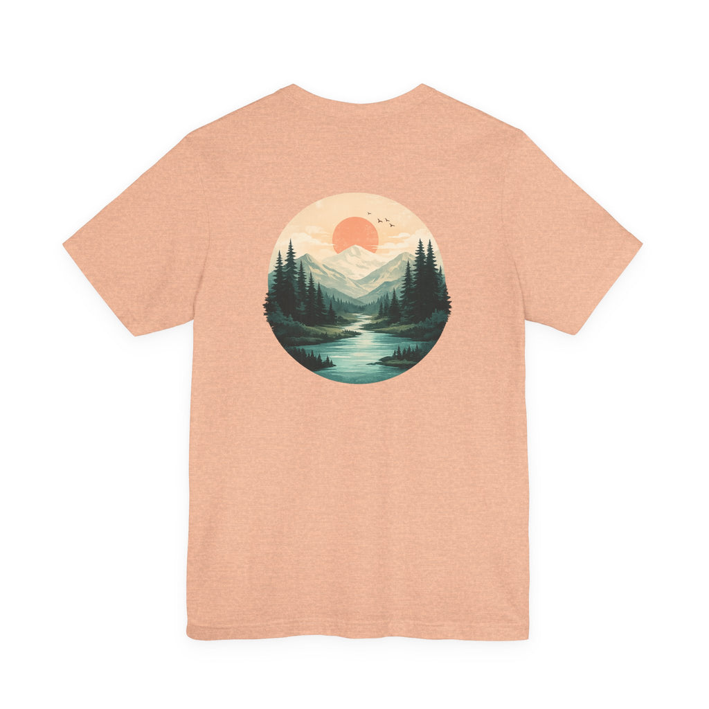 Nature Sunset Mountain Back Design T-Shirt — Scenic River & Pine Forest Graphic Tee