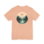 Nature Sunset Mountain Back Design T-Shirt — Scenic River & Pine Forest Graphic Tee