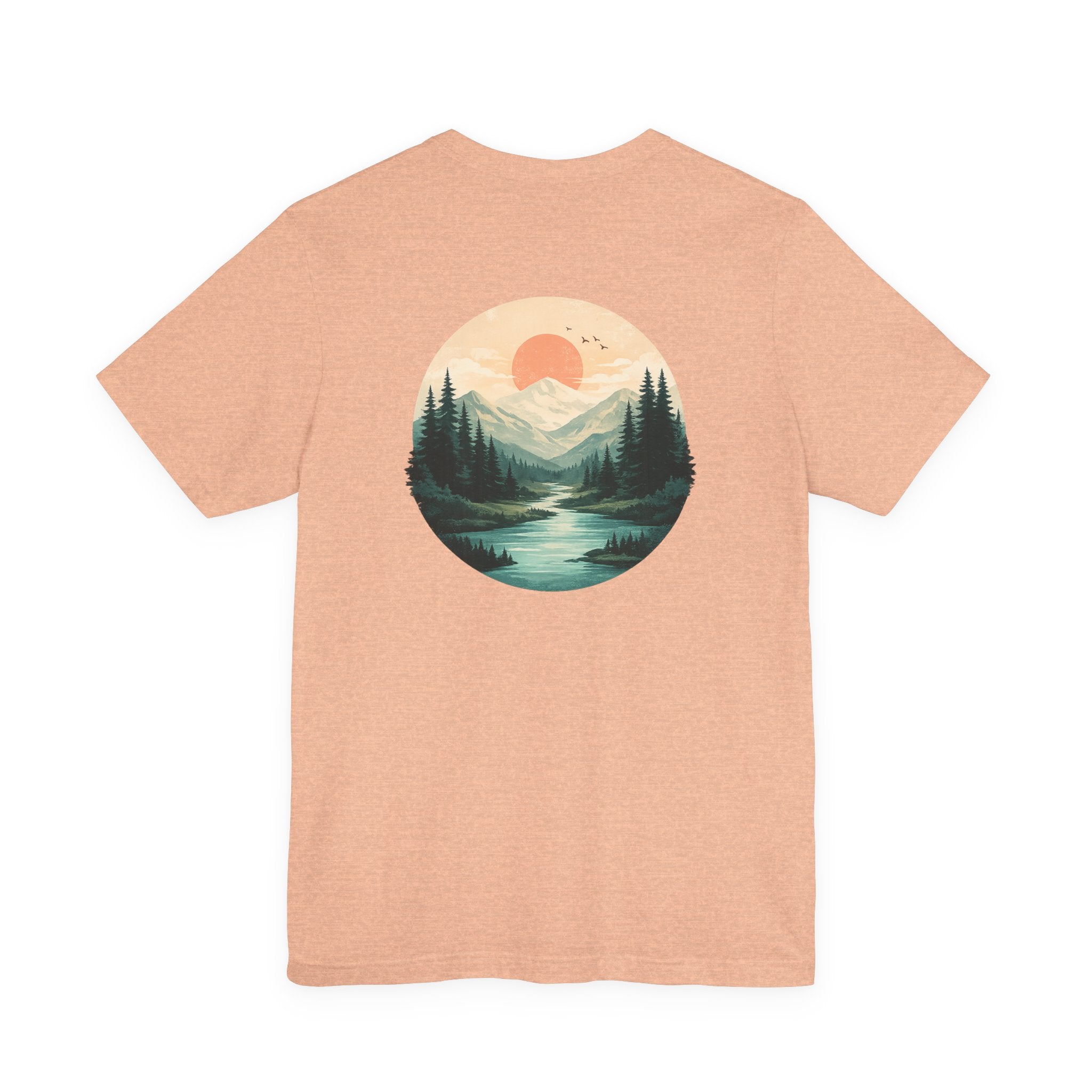 Nature Sunset Mountain Back Design T-Shirt — Scenic River & Pine Forest Graphic Tee