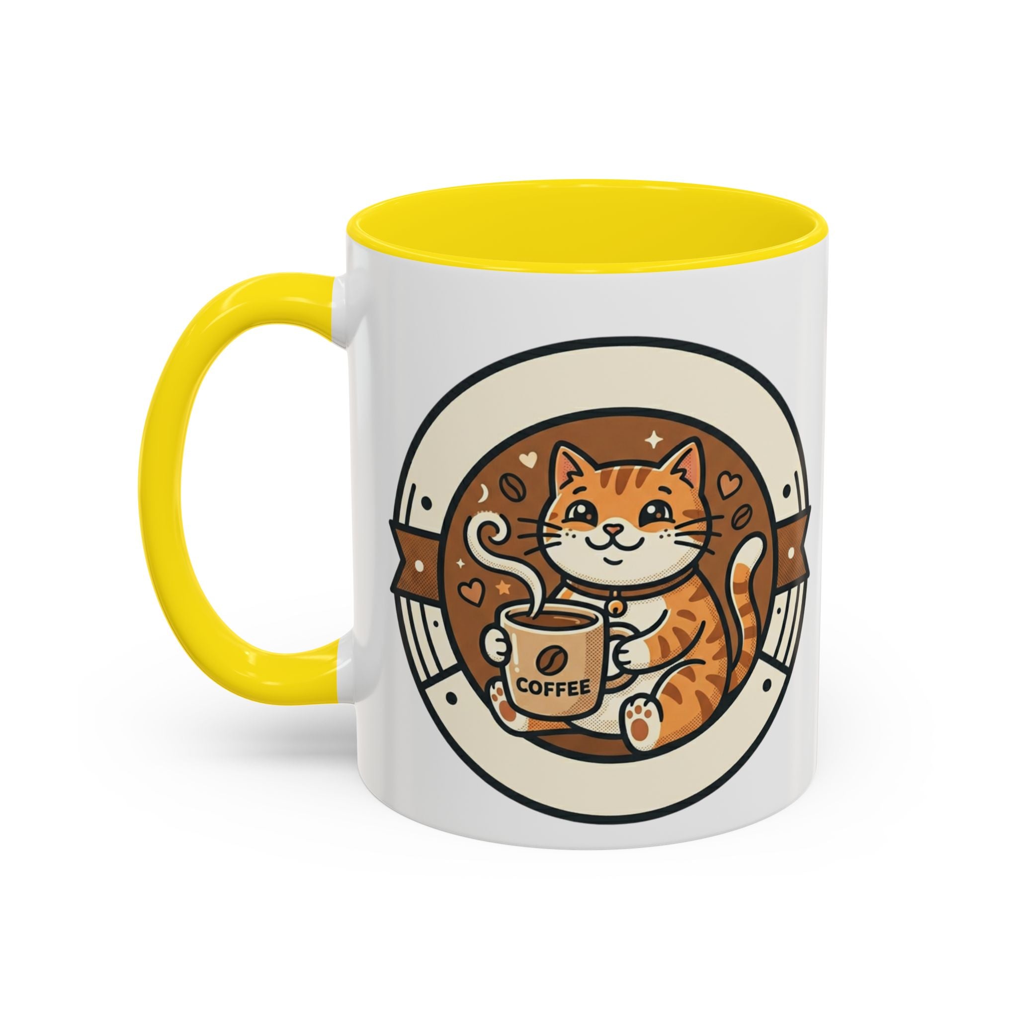 Cat Coffee Mug — Cute Orange Kitty Holding ‘Coffee’ Accent Ceramic Mug (11/15 oz)