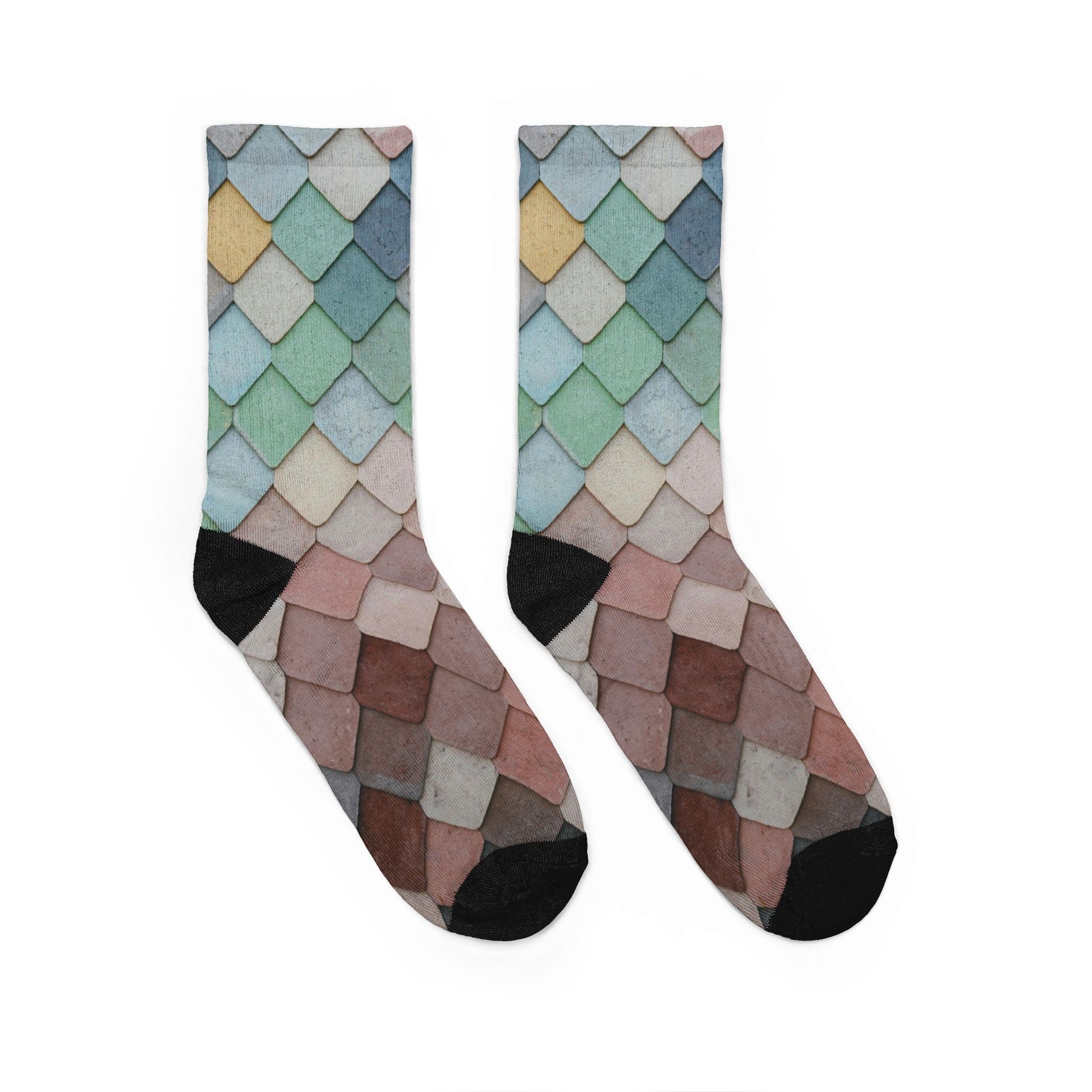 Pastel Scales Pattern Socks — Colorful Mermaid Tile Crew Socks