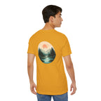 Nature Sunset Mountain Back Design T-Shirt — Scenic River & Pine Forest Graphic Tee