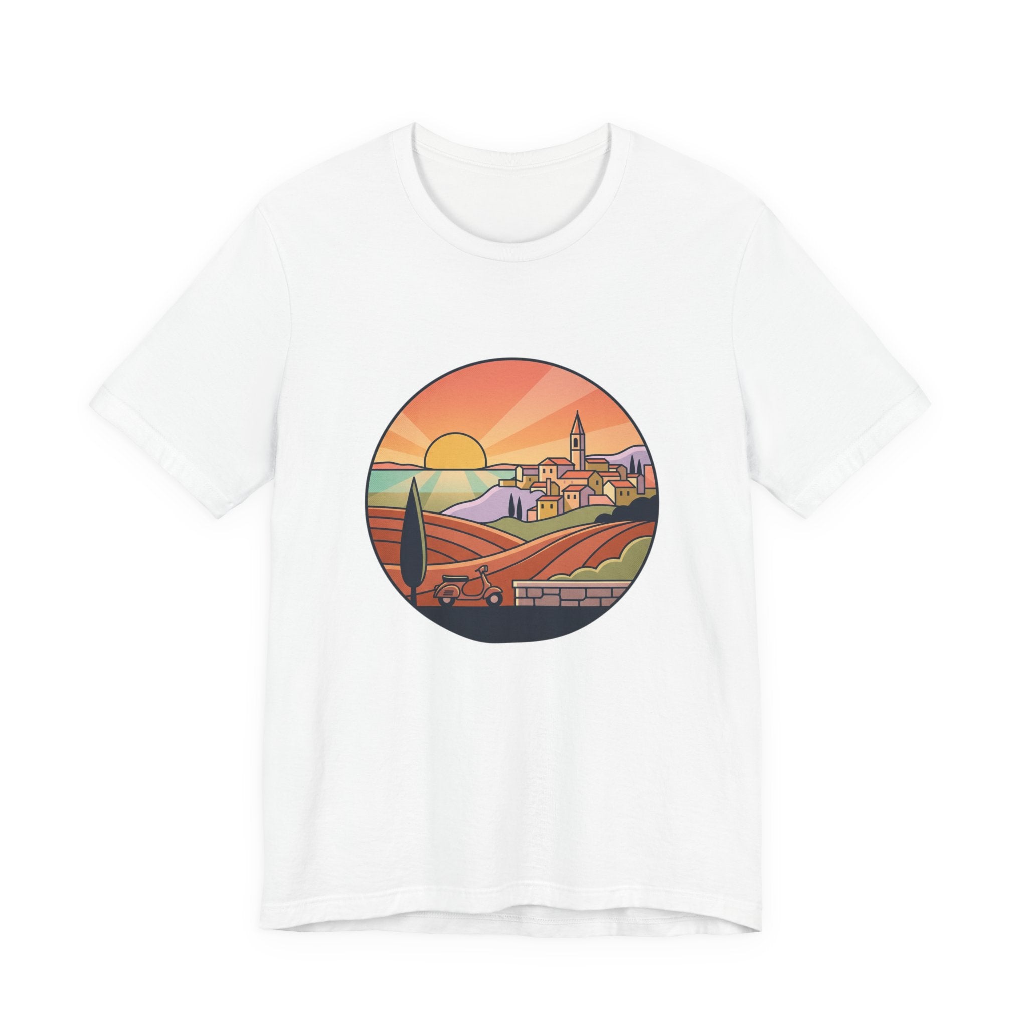 Sunset Tuscan Landscape T-Shirt — Vintage Italian Countryside Graphic Tee